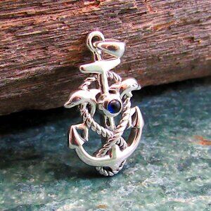 Solid 925 Sterling Silver Anchor & Rope Pendant with Dolphins, Created Sapphire